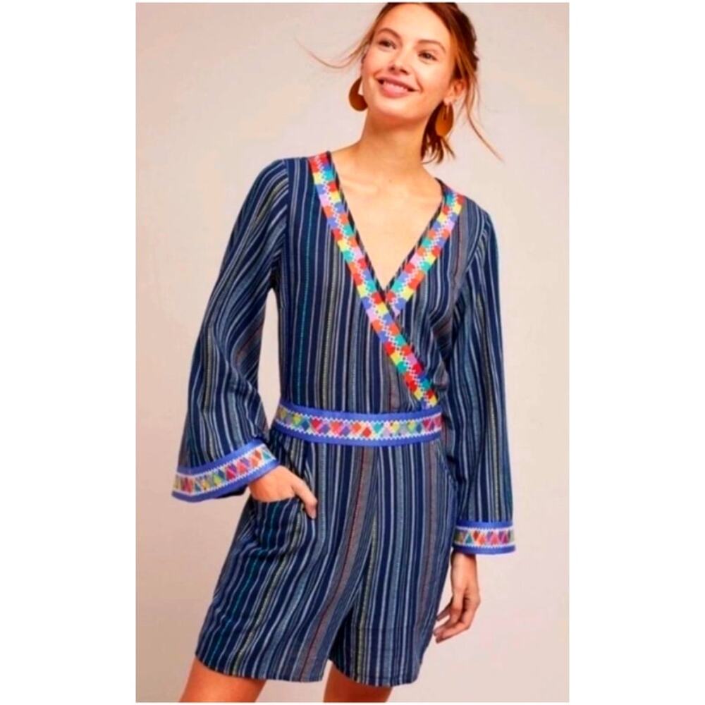 Anthropologie Navy Blue Striped Cotton Romper Embroidered Boho LAIA Small